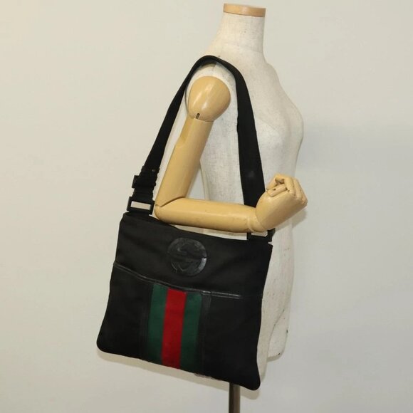 GUCCI Web Sherry Line Shoulder Bag Nylon Black Auth bs28651 - Picture 1 of 16